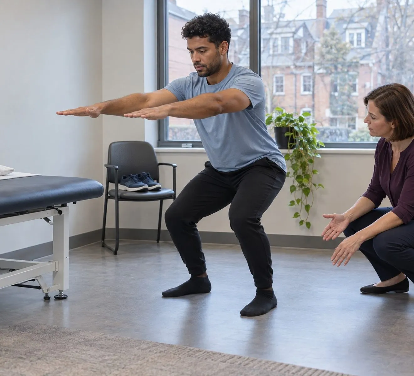 A physiotherapist observing a patient during a first-visit movement assessment