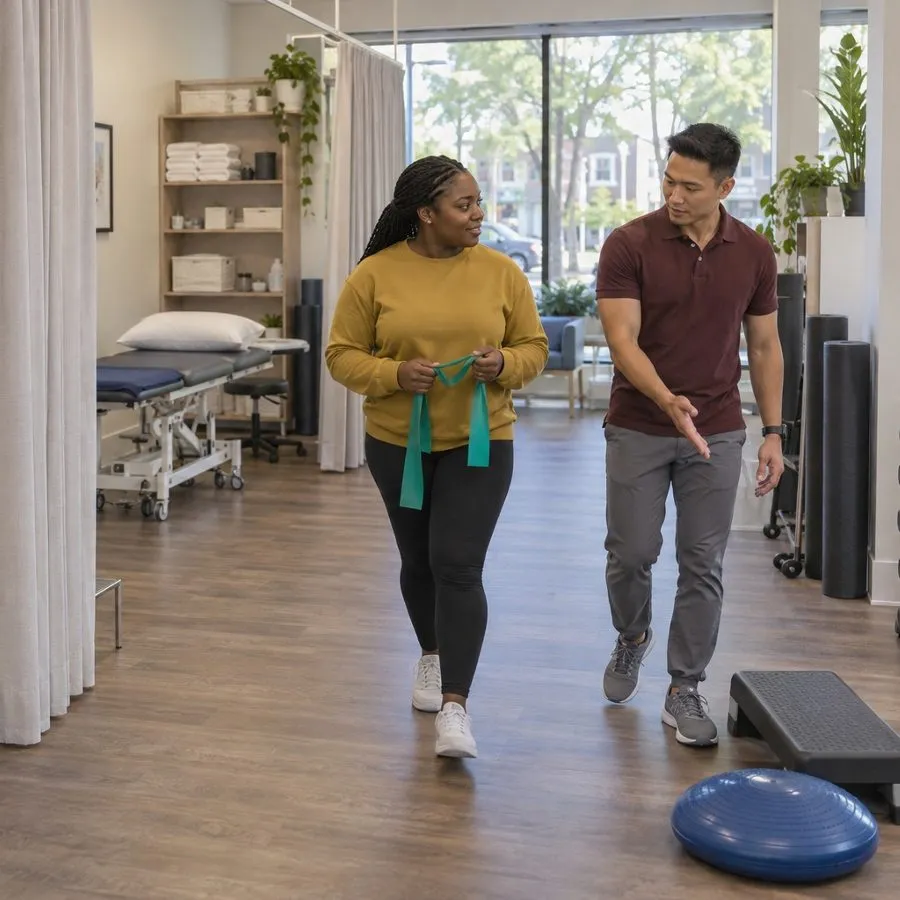 A patient and physiotherapist moving between the treatment and exercise areas at Northlight Physiotherapy